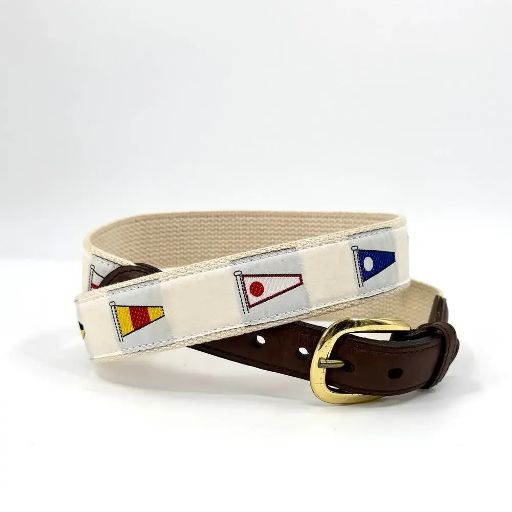 Vintage 90s White Woven Nautical Signal Flag Canvas Leather Trim Belt